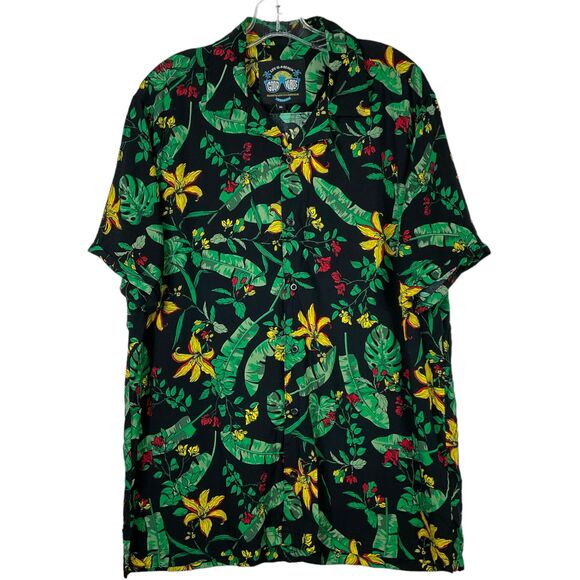 Good Vibes Men's XL Hawaiian Shirt Short Sleeve Button-Up Black Green Floral VTG - Picture 1 of 8